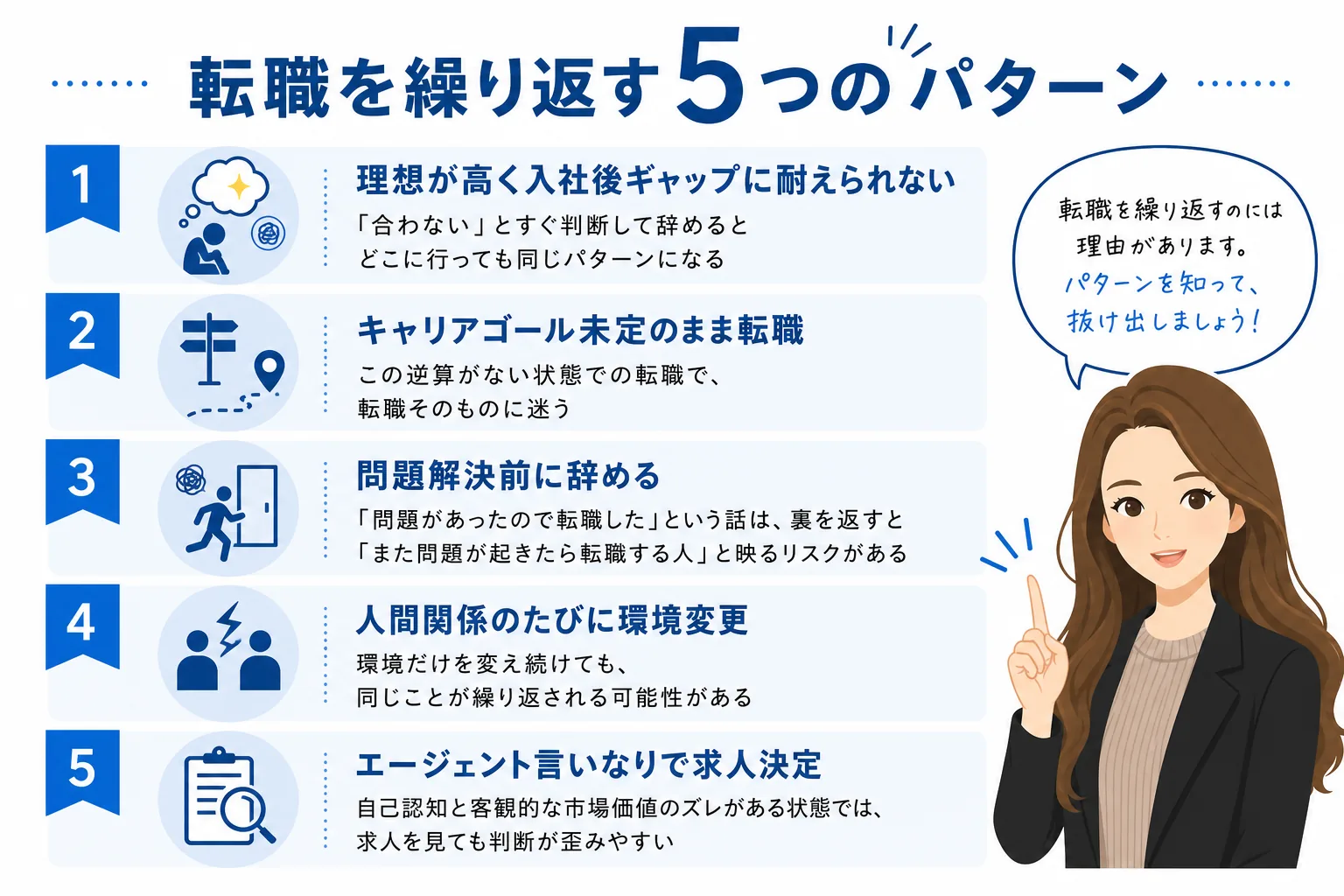 転職を繰り返す5つのパターンとそれぞれの落とし穴を図解したイラスト